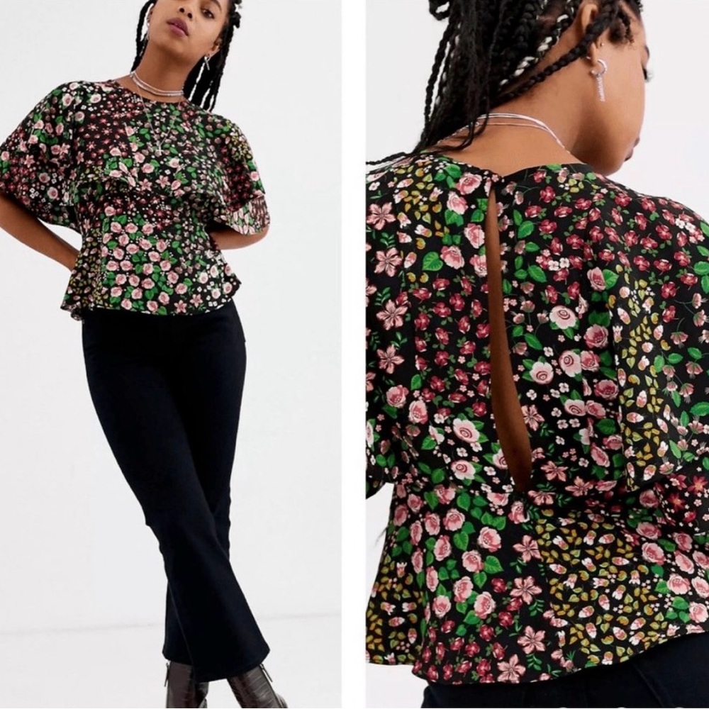 Topshop Austin Patch Floral Tea Top Jewel Neck Ruffle Back Zip Keyhole
